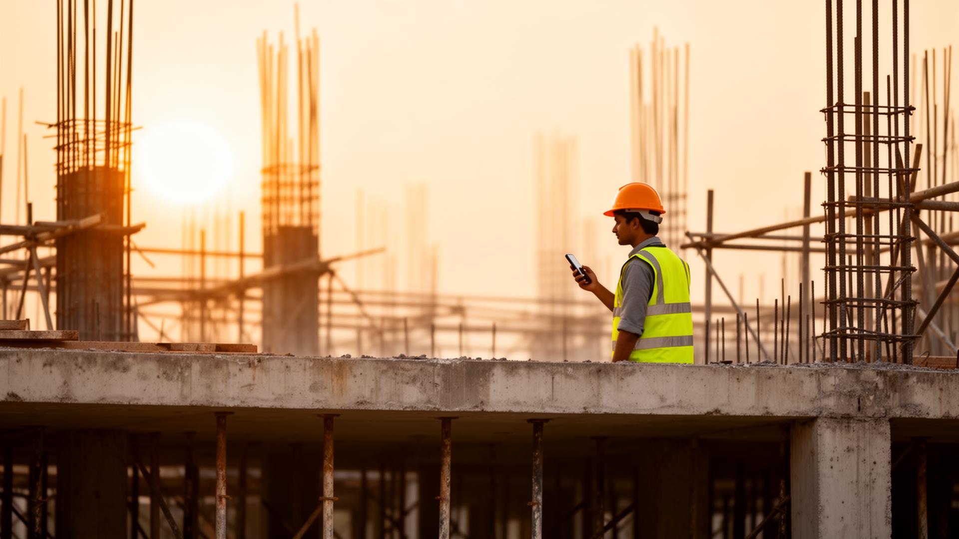 An Indian contractor on a construction site using the banao mobile app at golden hour.